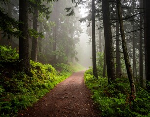 A serene path weaves through a misty forest, surrounded by tall trees and lush greenery, inviting exploration