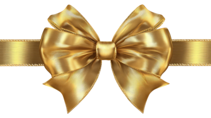 Elegant shiny golden ribbon bow with detailed texture and decorative wrapping element for gifts and celebrations isolated on white background