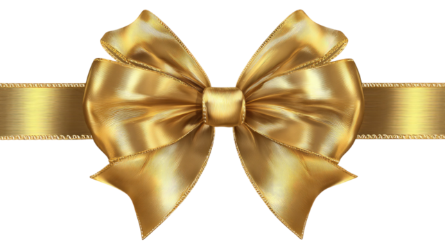 Elegant shiny golden ribbon bow with detailed texture and decorative wrapping element for gifts and celebrations isolated on white background