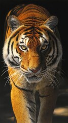 Fototapeta premium Close-Up Portrait of a Bengal Tiger Walking Forward in Dramatic Lighting