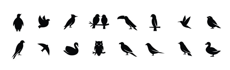 birds icon set white on a black background