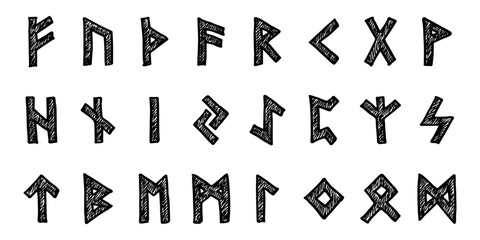 Set of hand drawn viking runes Ancient scandinavian futhark germanic celtic alphabet clipart in doodle style Single element for print, web, design, decor
