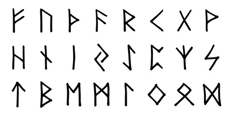 Set of hand drawn viking runes Ancient scandinavian futhark germanic celtic alphabet clipart in doodle style Single element for print, web, design, decor