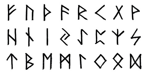 Set of hand drawn viking runes Ancient scandinavian futhark germanic celtic alphabet clipart in doodle style Single element for print, web, design, decor