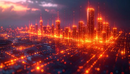 Futuristic city skyline at dusk, bathed in an orange glow. Abstract representation of networked buildings with data trails