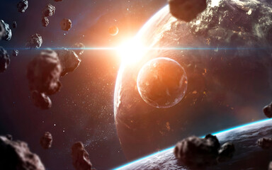 Cinematic Planetary Collision Scene with Asteroids and Bright Star Flare