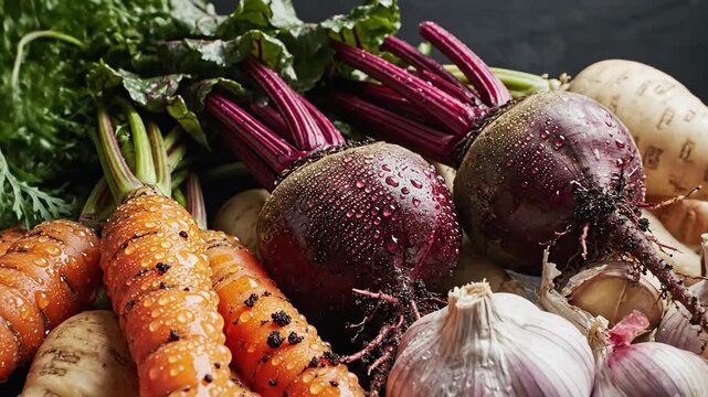 Freshly harvested wet organic carrots beets garlic parsnips and onions dark background.