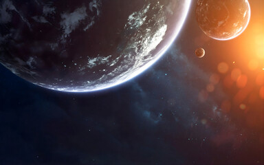 Deep Space Horizon View of Multiple Planets and Moons with Cinematic Sun Flare