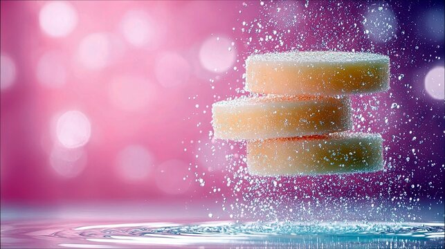 Three round, light orange effervescent tablets are stacked vertically and suspended in water, surrounded by tiny bubbles and splashes.