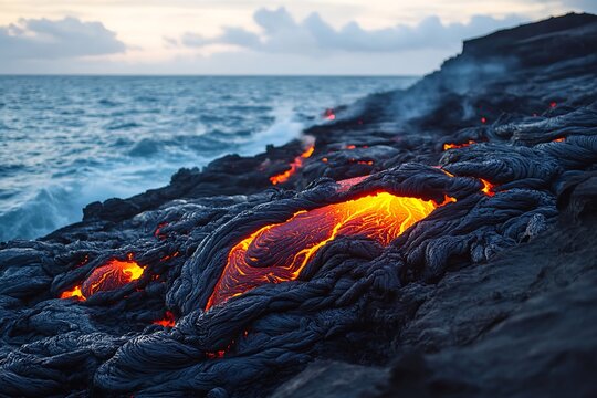 Molten lava flowing into the ocean creating steam and dramatic landscape