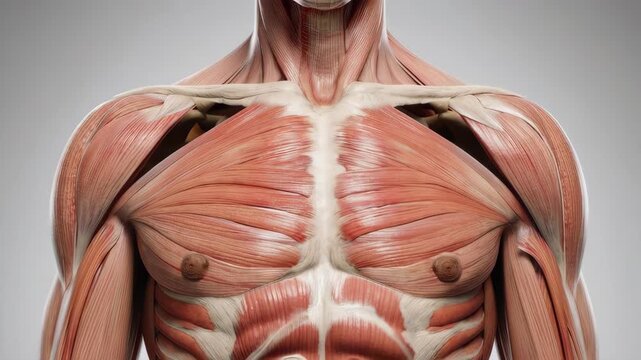 Detailed anatomical illustration of the human male upper body, showcasing the complex musculature of the chest, shoulders, and abdomen