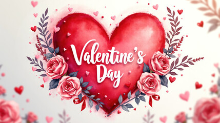 Valentine's day sale watercolor heart with roses and romantic floral decoration