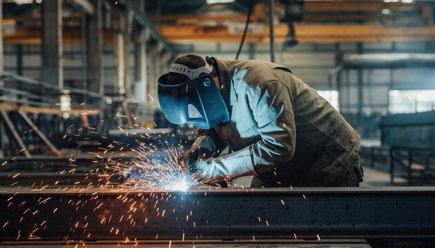 A professional welder wearing a protective mask diligently works on metal fabrication with a shower of bright sparks inside an active industrial workshop environment