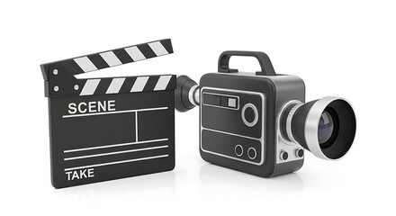 Fototapeta premium Classic film clapperboard and vintage video camera setup for movie production or film shooting