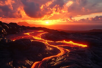 Fiery lava flow under dramatic sunset sky
