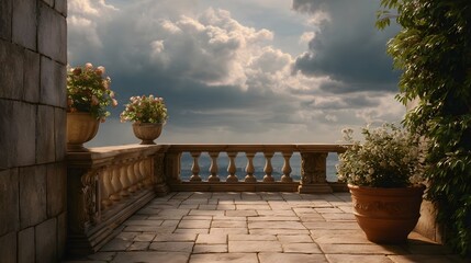 Obraz premium Stone terrace with ornate balustrade potted flowers and a dramatic stormy sky over the sea
