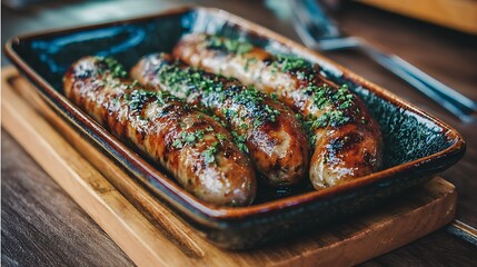 Grilled Sausages with Fresh Herbs on Rustic Serving Dish on Wood