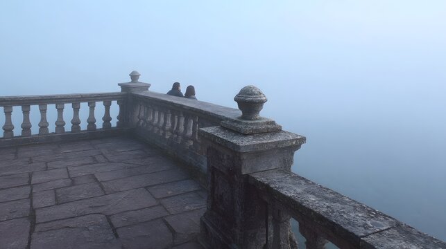 A stone balcony overlooks a foggy landscape with faint figures in the distance