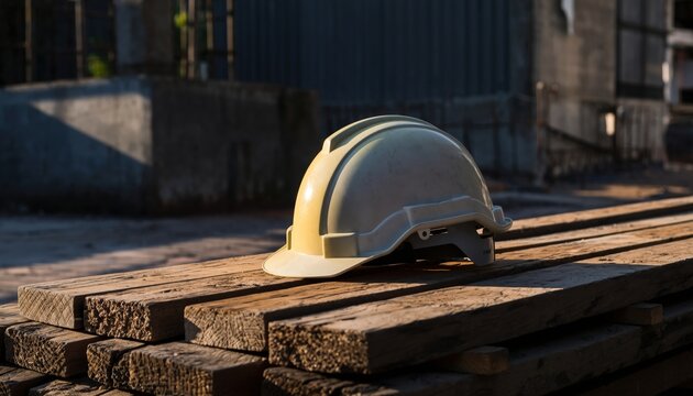 A protective construction hard hat resting on rough wooden planks bathed in bright sunlight at an outdoor site