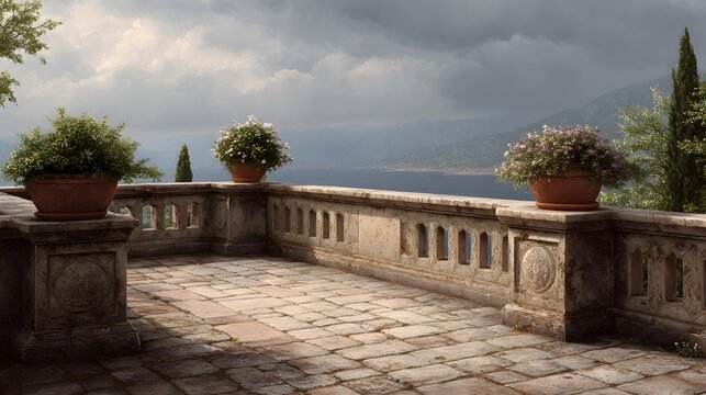 Sunlit stone terrace overlooks a tranquil sea under dramatic clouds