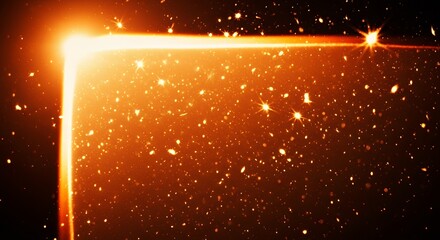 Golden light forming a bright corner with glowing space particles on dark background, cosmic energy design. 
