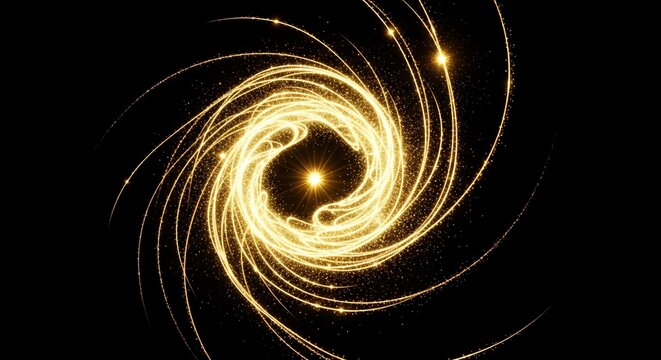 Glowing golden spiral light swirl with sparkling particles on black background, abstract cosmic energy design. 
