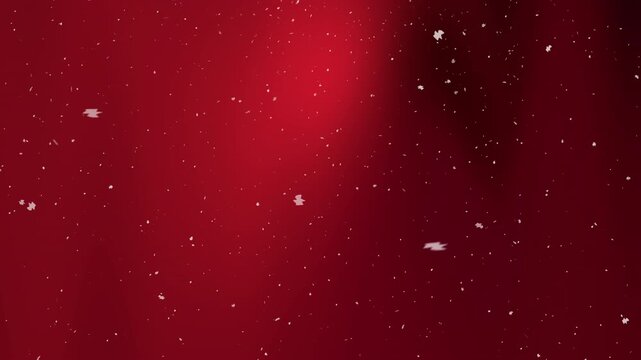 Abstract, festive red background with blurry patches and white snowflakes. Great for winter, holiday, christmasthemed designs, banners, and advertisements.