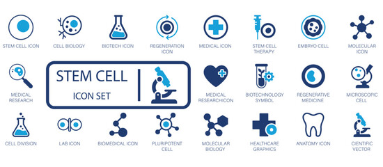 Stem Cell and Biotechnology Icon Set. Cell Therapy, Molecular Biology, Regeneration, and Medical Research. Essential Vector Icons for Science and Healthcare projects.