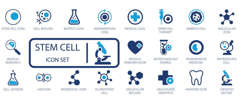 Stem Cell and Biotechnology Icon Set. Cell Therapy, Molecular Biology, Regeneration, and Medical Research. Essential Vector Icons for Science and Healthcare projects.
