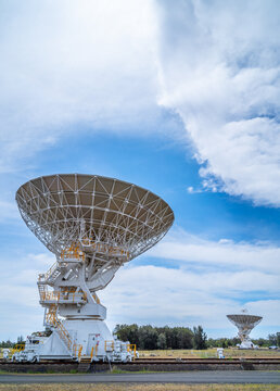 Radio telescope dishes at Narrabri in new south wales.  The Australian telescope compact array.