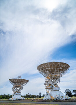 Radio telescope dishes at Narrabri in new south wales.  The Australian telescope compact array.