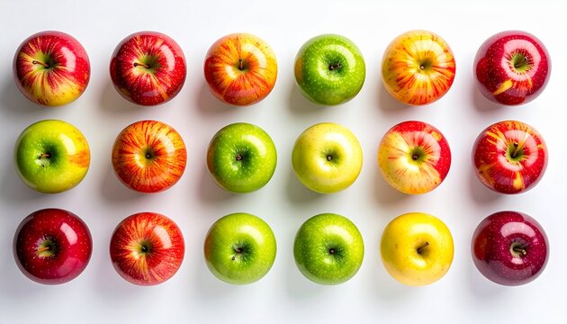 A vibrant and fresh variety of crisp apples arranged in neat rows, showcasing a healthy spectrum of red, green, and yellow hues on a clean white background