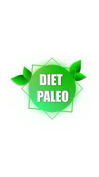 Paleo diet graphic green leaves animation. Healthy eating lifestyle vertical video. Health branding element animated logo. Green leaves paleo diet vertical video.
