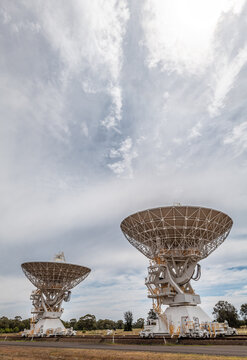 Radio telescope dishes at Narrabri in new south wales.  The Australian telescope compact array.