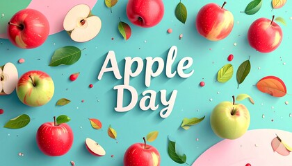 A vibrant and colorful illustration celebrating Apple Day with fresh red and green apples on a pastel background