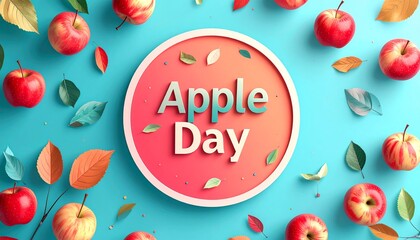 A vibrant illustrated banner for an autumn Apple Day celebration, featuring fresh red apples and colorful leaves scattered on a teal background