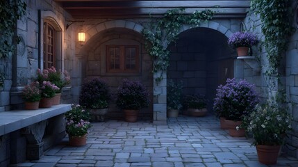 Fototapeta premium Enchanting stone courtyard at dusk with vibrant potted flowers and a softly glowing lantern creating a tranquil atmosphere