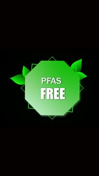 Marketing healthy branding animation. PFAS free organic product label vertical video. Organic product certification motion graphics. Nature leaves emblem animation vertical video.