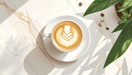 Freshly made cappuccino with delicate latte art, served in a white cup on a sunlit marble table for a relaxing morning coffee break