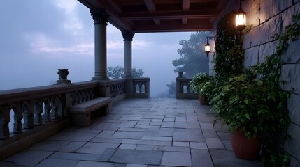 Obraz premium Serene stone veranda with ornate carvings overlooks a misty landscape at twilight