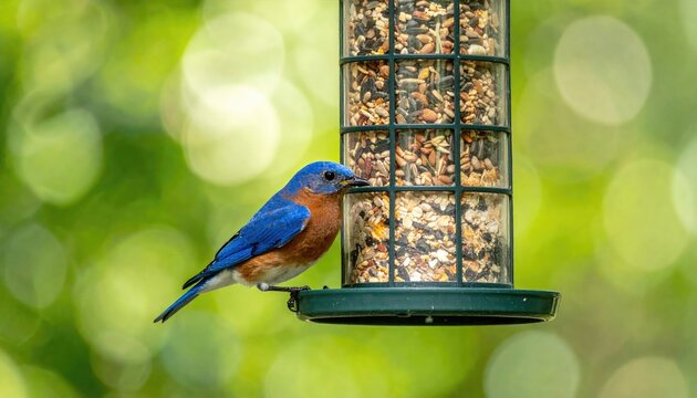 A vibrant bluebird perches on a metal bird feeder filled with seeds against a soft green blurred background on a sunny day