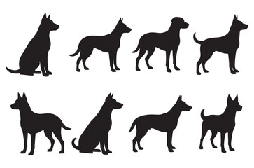 Silhouettes of various dog breeds in different poses and arrangements