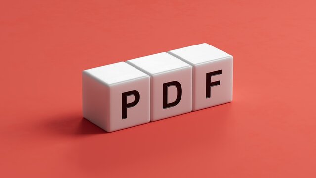 PDF.wooden cubes spelling.Flat lay view from above on blue background with wooden cubes buttons.IT technology concept.3D rendering.