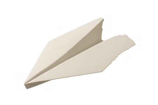 Beige paper airplane, ready for flight, symbolizing progress, new ideas, and childhood dreams on a transparent background