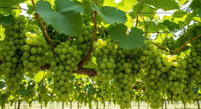 Vibrant bunches of ripe green grapes hanging from a vineyard on a sunny day