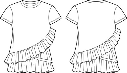 Kid's girl short sleeve top technical flat sketch, featuring asymmetric diagonal tiered ruffles, round neck, front and back view, isolated vector illustration fashion design template.