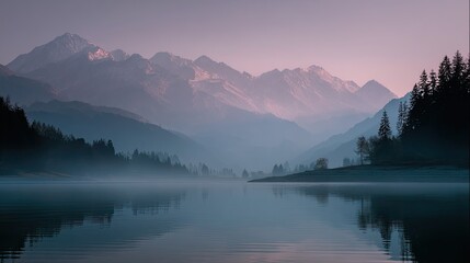 Serene misty mountains sunrise landscape