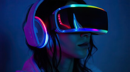 virtual reality gamer, immersive headset, colorful neon lights