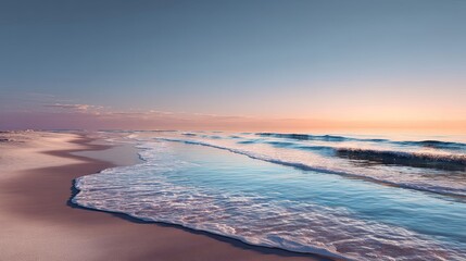 calm beach sunrise, ocean waves sand texture, golden hour