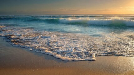 calm beach sunrise, ocean waves sand texture, golden hour